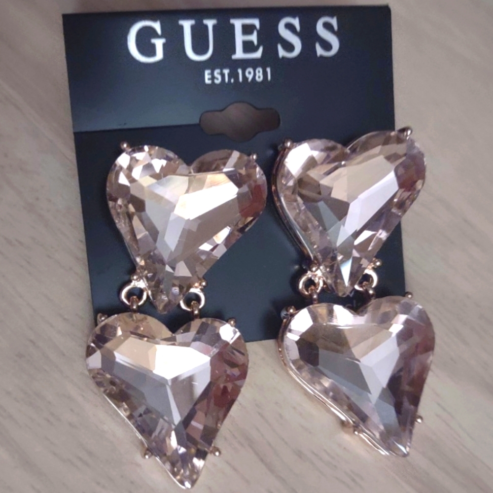 Guess Crystal Heart Champagne Pink Gold Bling Sparkling Earrings Y2K